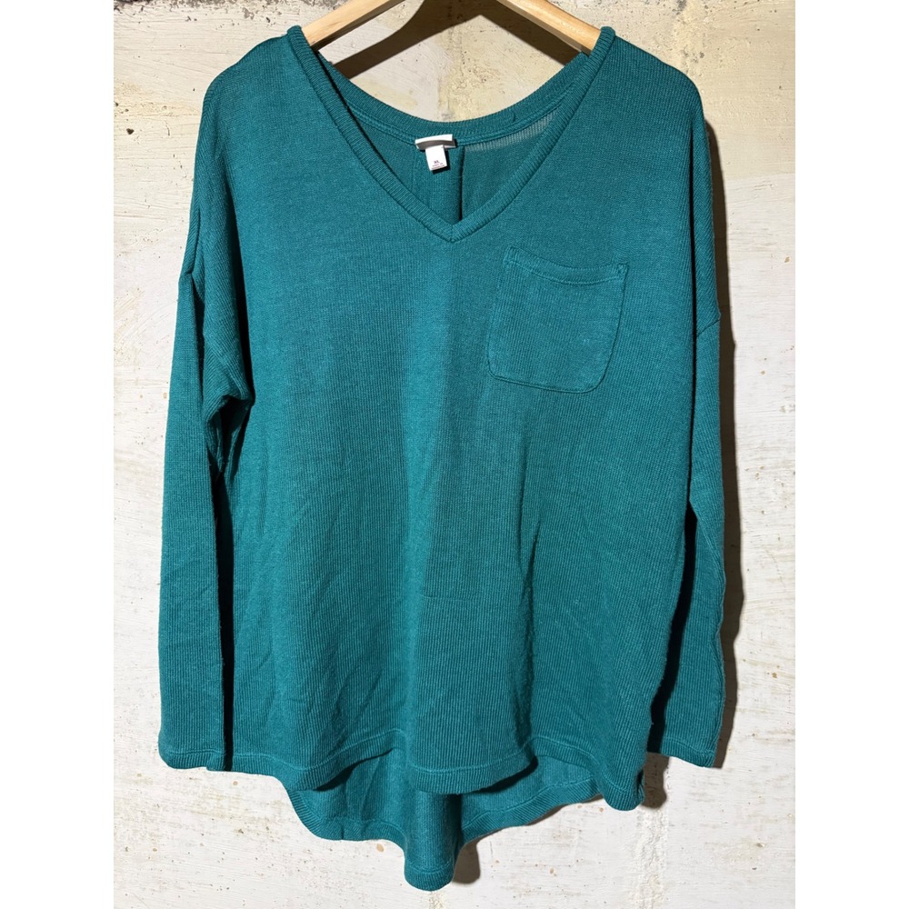 Merona Women XL Teal Green V-Neck Long Sleeve Knit Top Front Pocket Back Pleat
